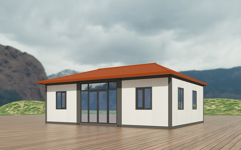 Container house with four slopes and five ridges or two slopes and a single ridge roof design